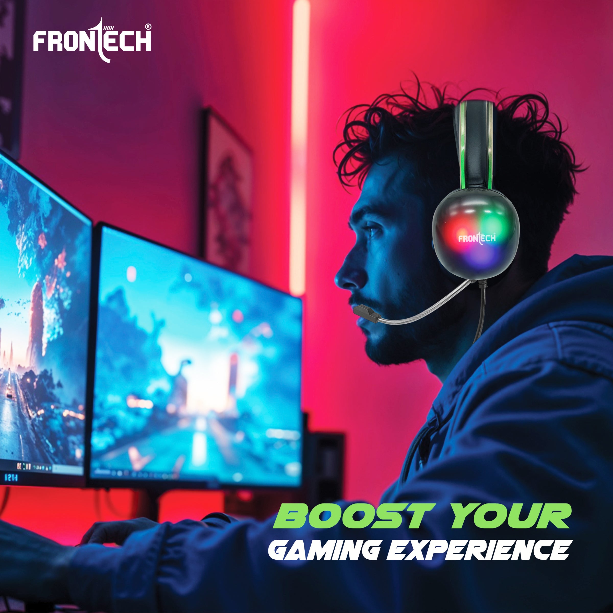 Frontech Gaming Headset with RGB Lights | 50mm Driver | Noise-Cancelling Mic | Volume Control | 3.5mm + USB for RGB | Soft Cushions (HF-0015) Frontech Gaming Headset with RGB Lights | 50mm Driver | Noise-Cancelling Mic | Volume Control | 3.5mm + USB for RGB | Soft Cushions (HF-0015)